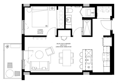 Floor plan for 1 bed, 1 bath, 610 sqft